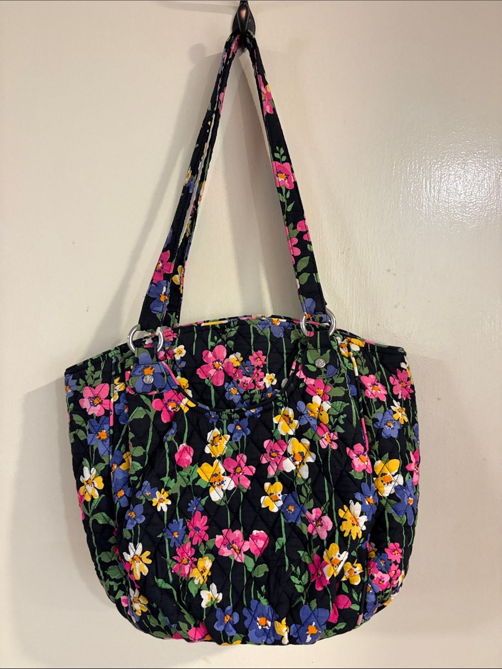 Vera Bradley Black Quilted Tote with Pink, Yellow & Blue Floral Print
